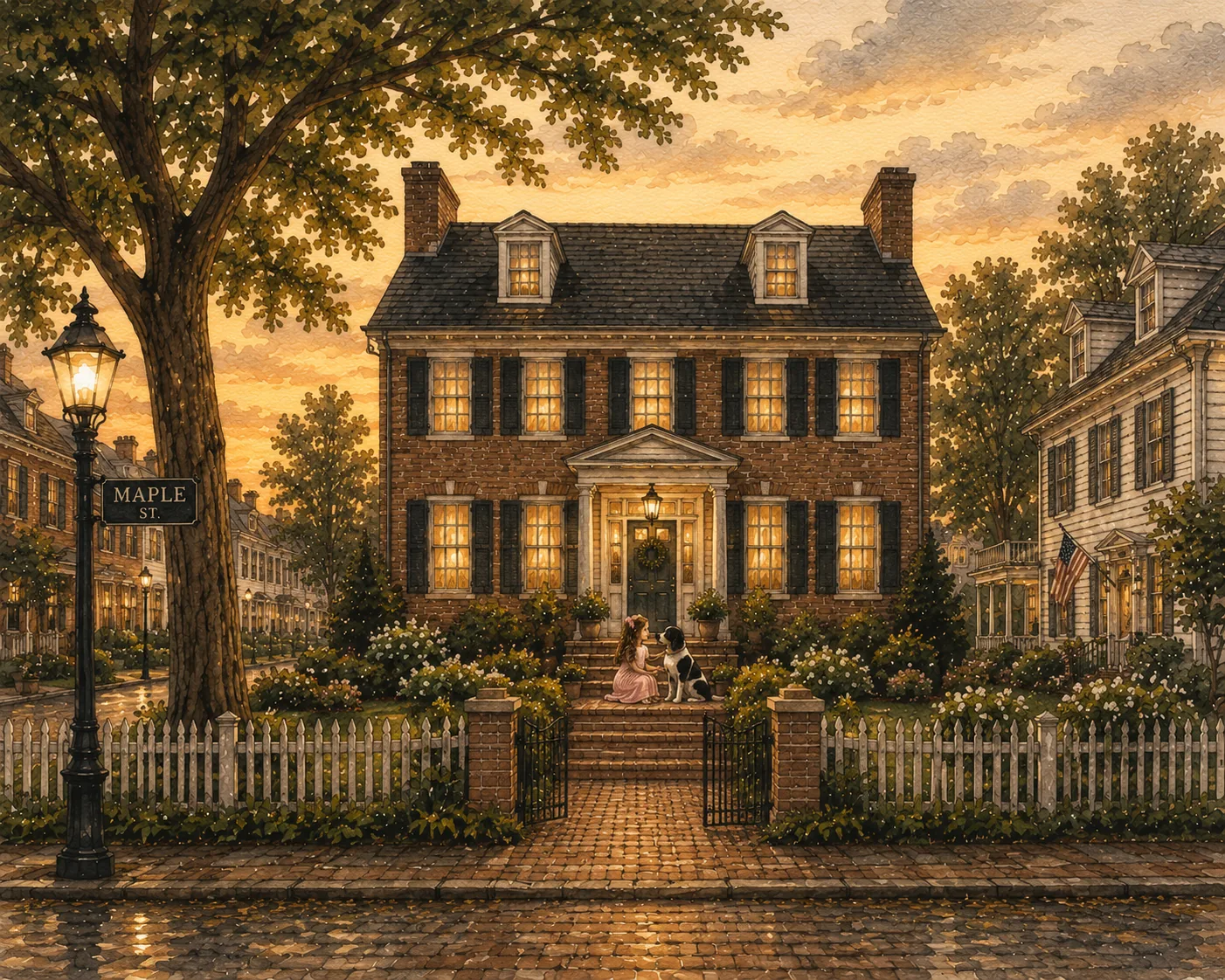 A girl and her dog outside a warmly lit colonial home