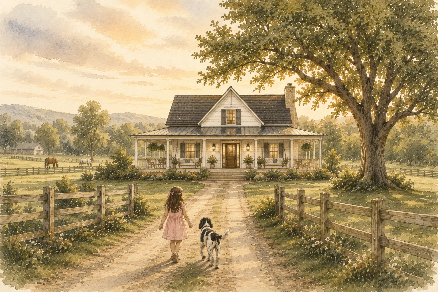 A girl and her dog walking toward a welcoming farmhouse