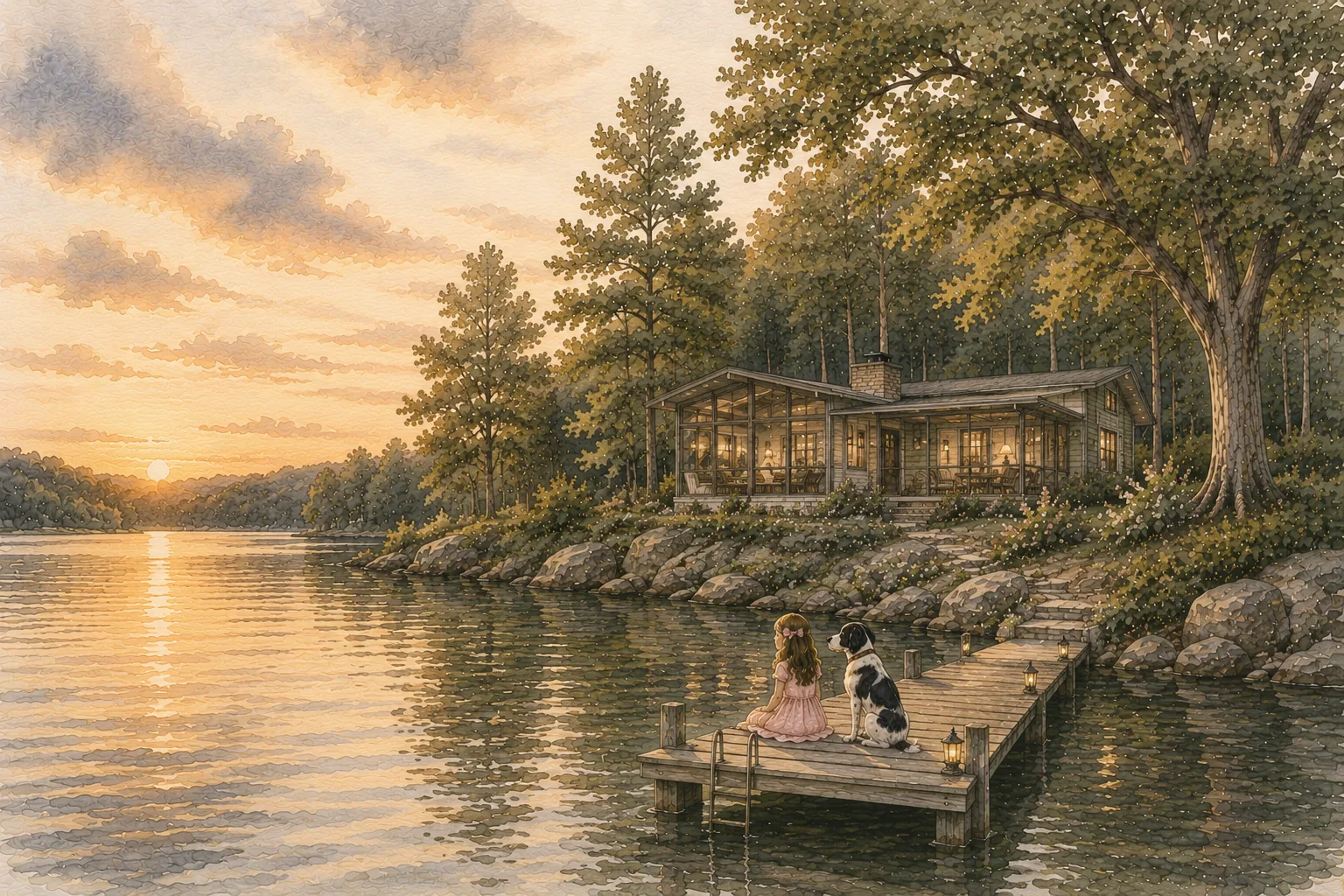 A girl and her dog sitting by a lake near a warmly lit home